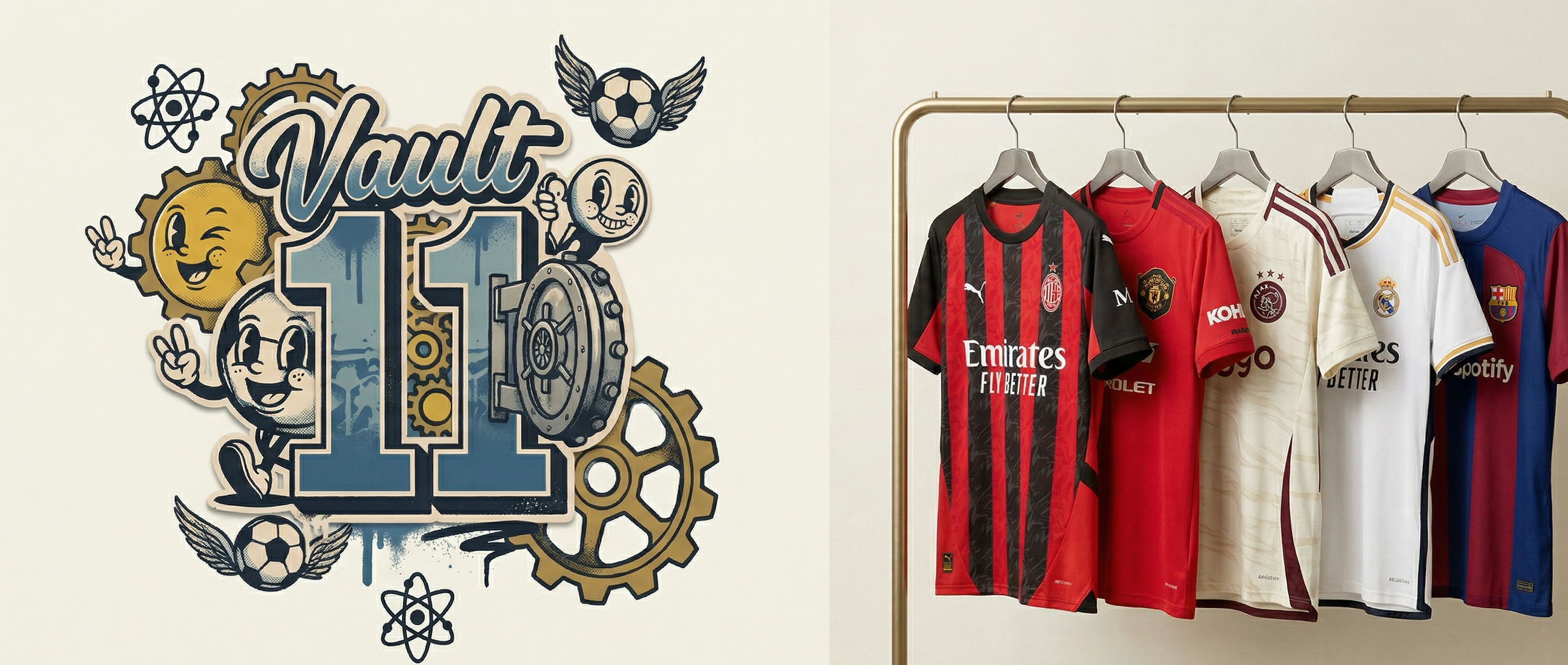 Collection of sports jerseys on a rack with 'Vault 11' branding on the left.